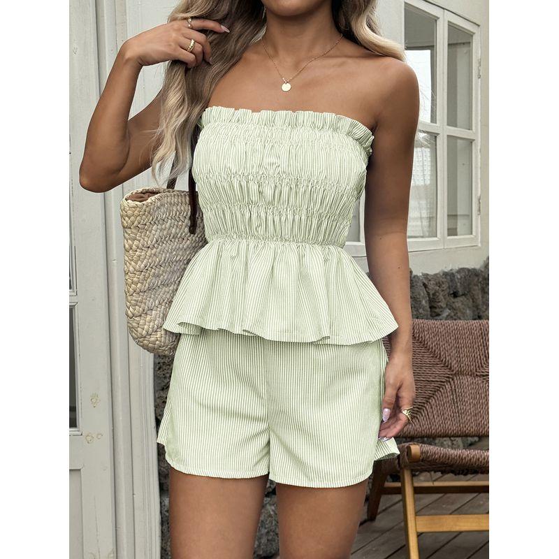 Western Style New Fashion Stripe Print Tube Top Top Shorts Two-Piece Set Top and Shorts Set