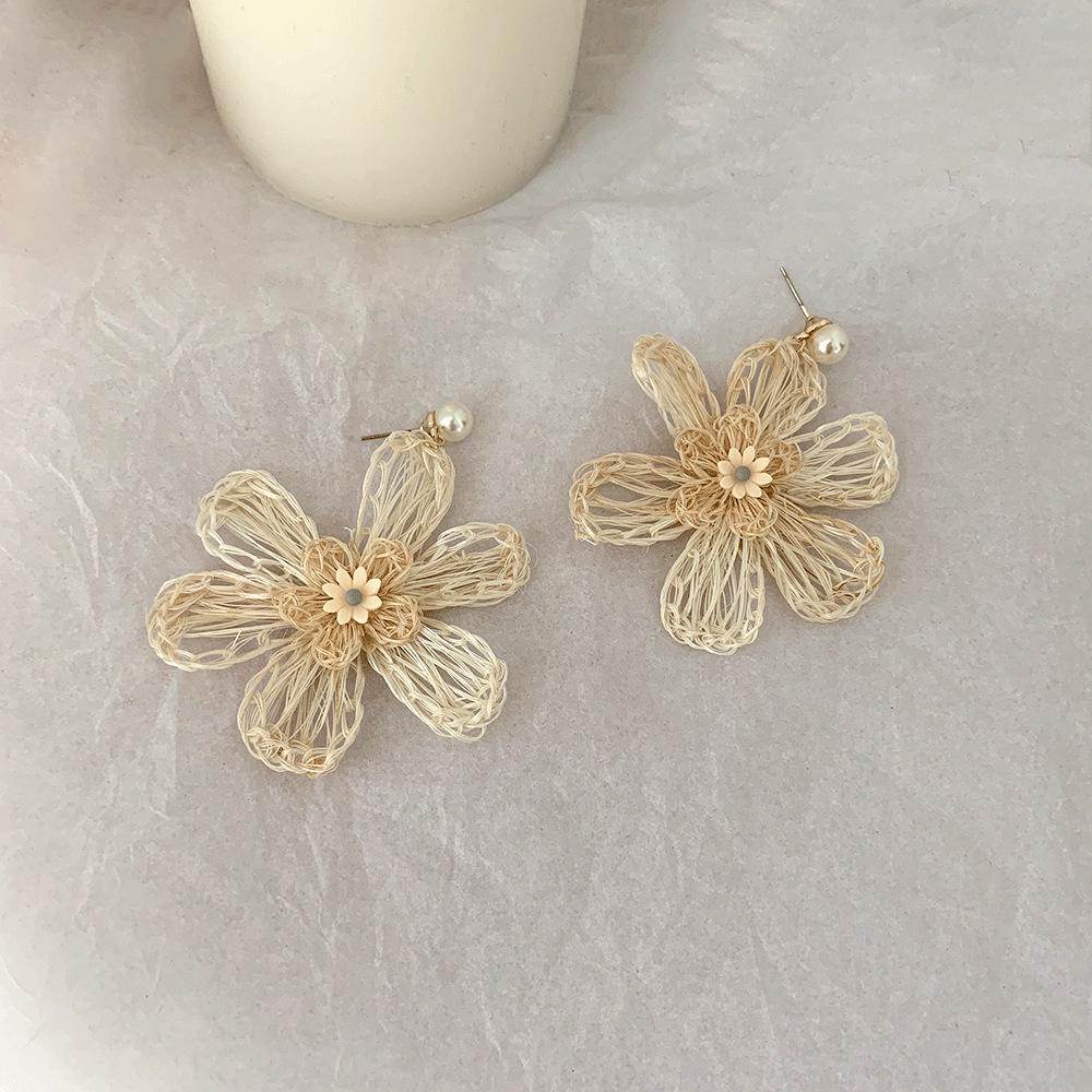 Handmade Rattan Flower Earrings - Retro Korean Style, Sweet Fairy Design