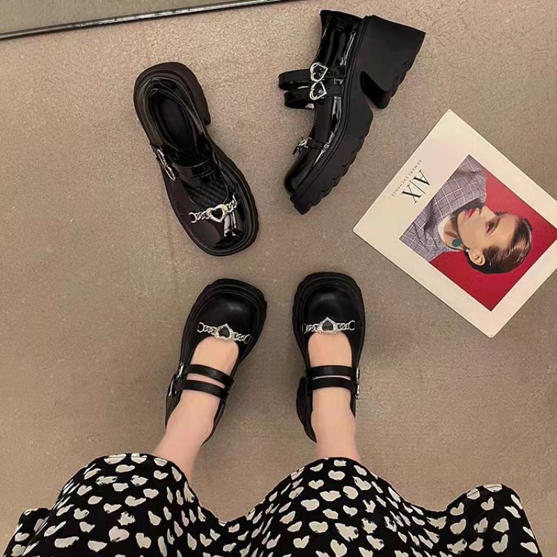 Women Gothic Chunky High Heels Pumps Woman 2025 Spring Patent Leather Platform Loafers Female Black Thick Heeled Jk Lolita Shoes