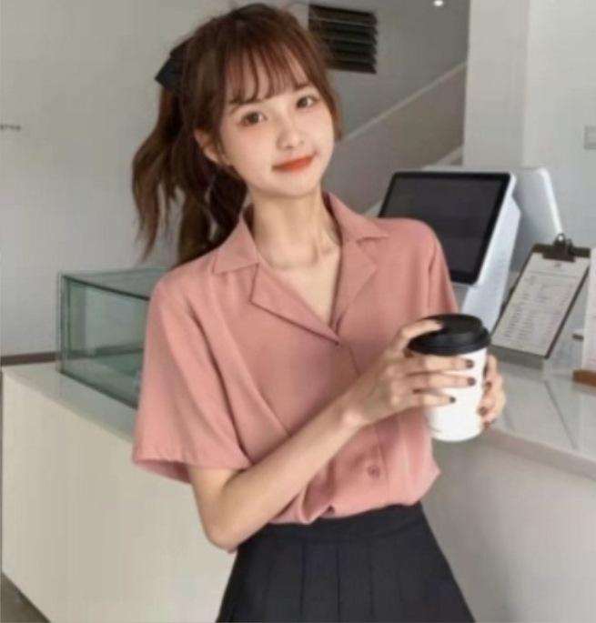 2021 Spring Retro Korean Style Women's Short Sleeve Lapel Shirt