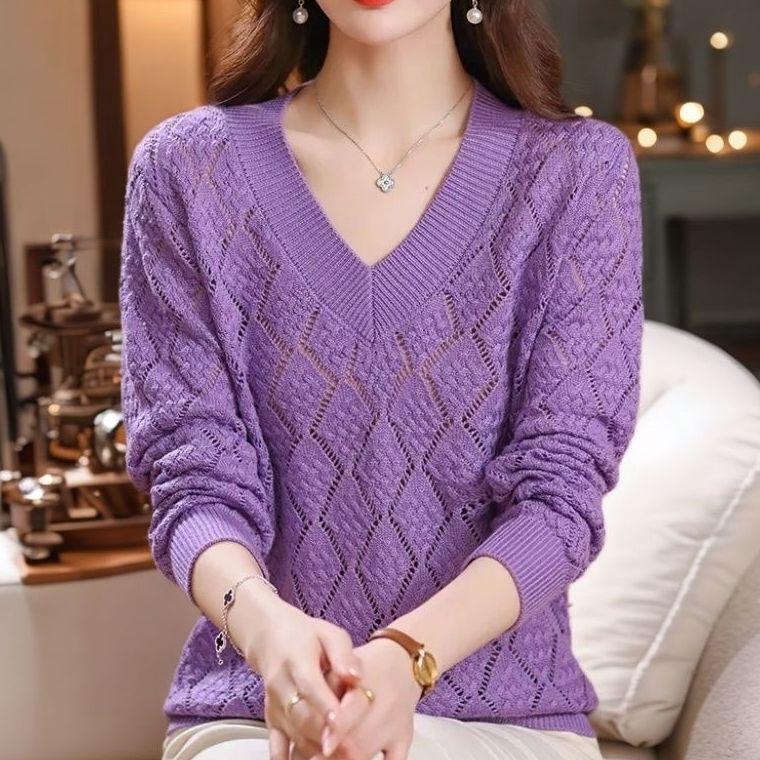 Women's Plus-Size Dopamine V-Neck Sweater Loose Collarbone-Showing High-Grade Hollow-Out Knit Top for Autumn & Summer