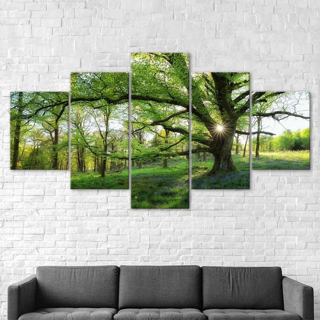 Green Forest Trees Nature Rainforest Sunshine Ray Canvas 5 Piece Five Panel Wall Print Modern Art Poster Home Decor Gift For Him For Her