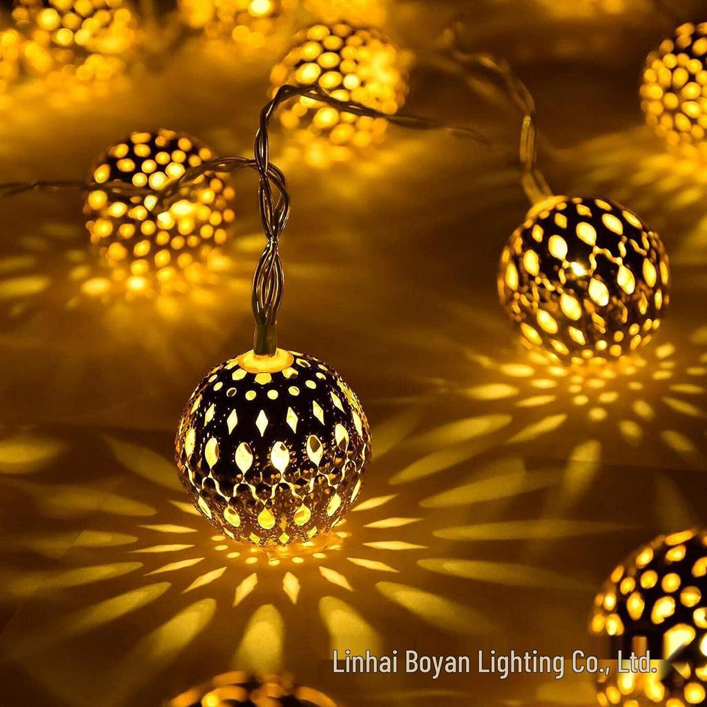 New Arrival Waterproof Solar LED Moroccan String Lights - Christmas Outdoor Wrought Iron Colored Ball Design