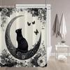 Black Cat on Moon Shower Curtain 1pc – Floral Crescent & Butterflies, Monochrome Mystical Art for Gothic Bathroom Decor