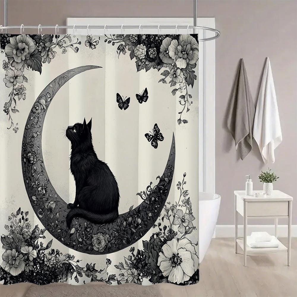 Black Cat on Moon Shower Curtain 1pc – Floral Crescent & Butterflies, Monochrome Mystical Art for Gothic Bathroom Decor
