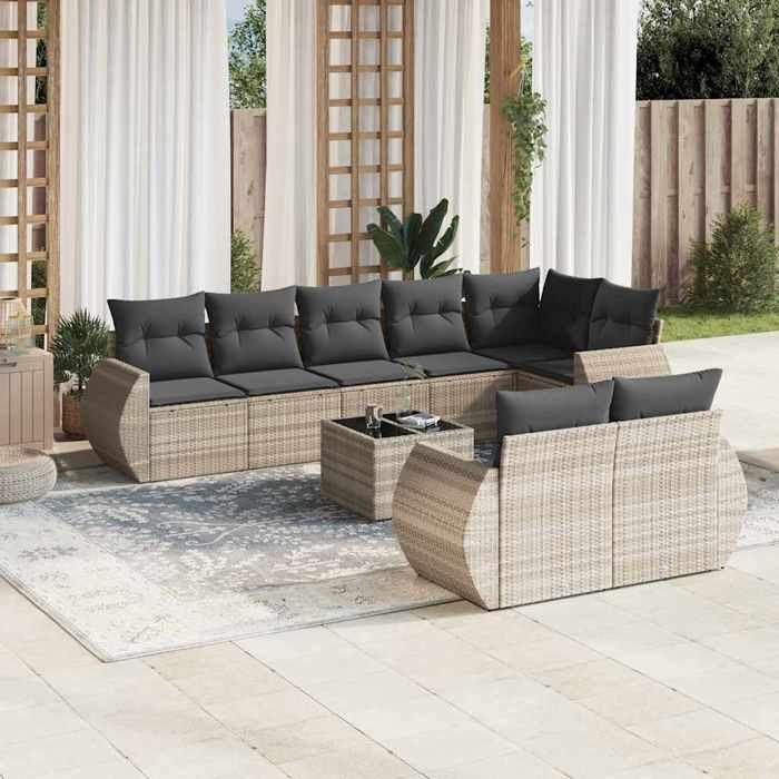 VidaXL Salon de Jardin avec Coussins 9 pcs, Canapés de Terrasse, Ensemble de Meubles de Patio, Mobilier d'Extérieur, Gris 3221631