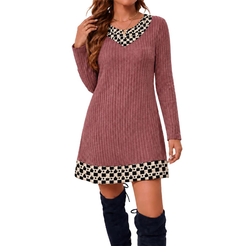 Tunica Casual da Donna a Girocollo a Manica Lunga con Patchwork a Quadri di Media Lunghezza