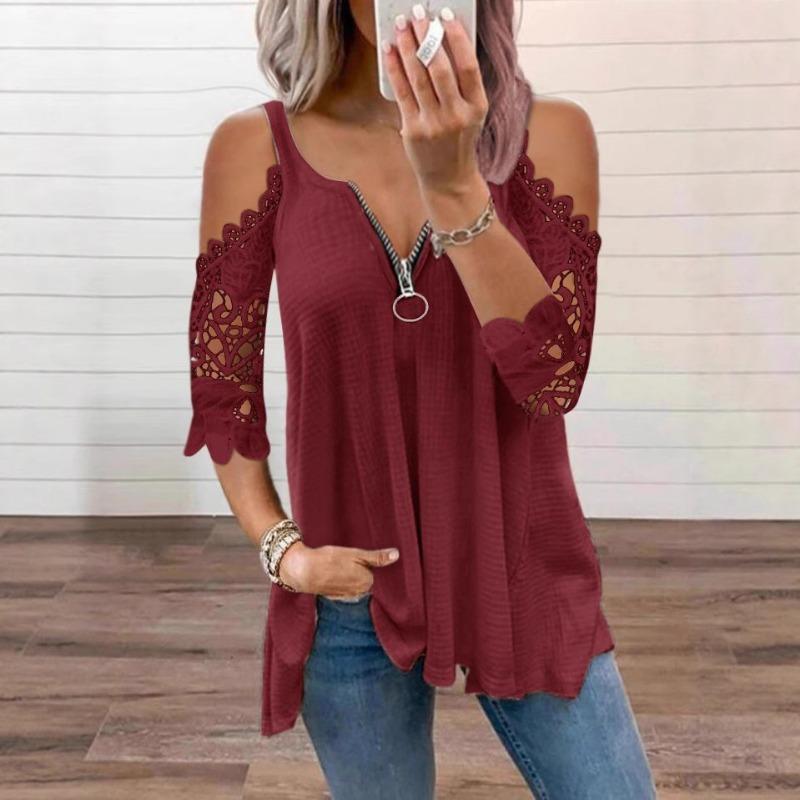 Off Shoulder Women Lace Blouse Summer Hollow Out Shirt Half Sleeve Zipper Casual Elegant V Neck Loose T Shirt