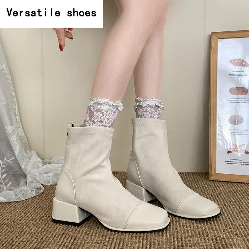 Cizme scurte pentru slăbire elastice pentru femei Fermoare din spate la modă Pantofi cu toc mic Toamna iarnă Botine noi pentru femei