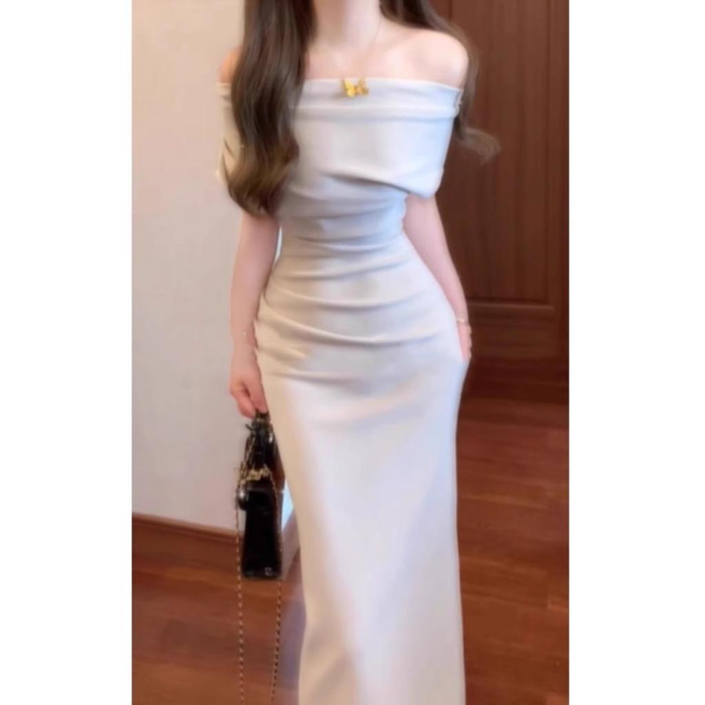 French Shoulder Dress Temperament Celebrity Muse Fan Premium Sense Slim Hip Wrap Dress Summer New