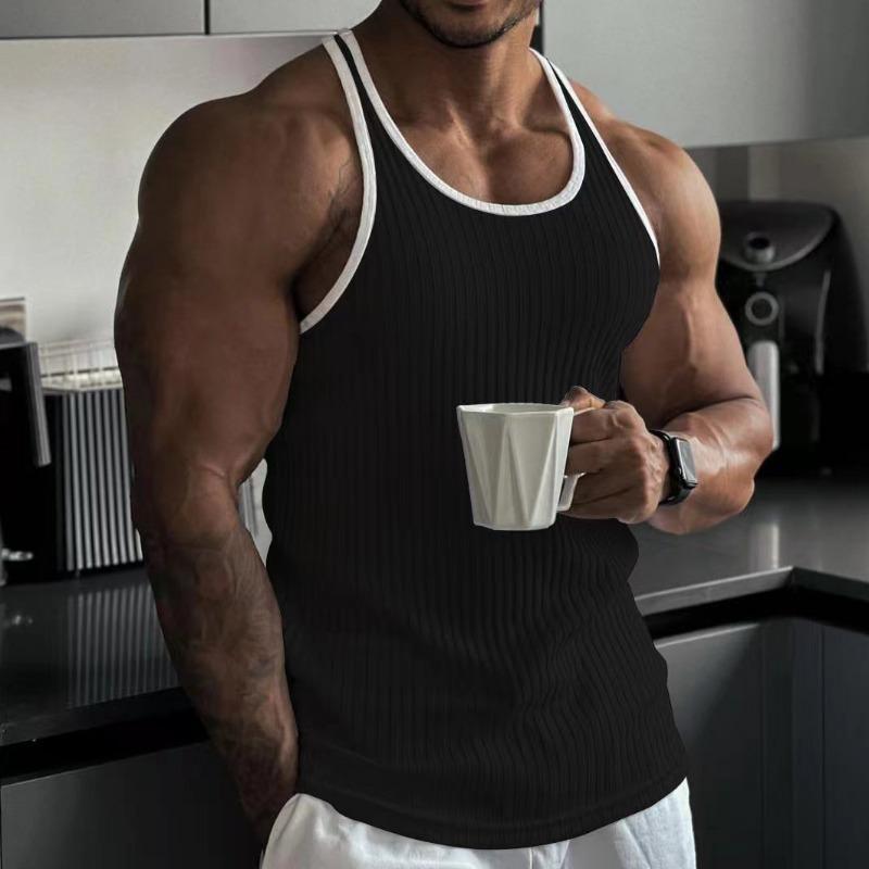 Summer Knitted Vertical Stripe Fitness Slim Vest for Men Color-blocked Tank Top