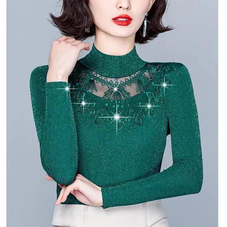 Autumn New Fashion Bottoming Shirt Women's Mesh Collar Slim Mom's Clothing Long Sleeve Top M-5XL