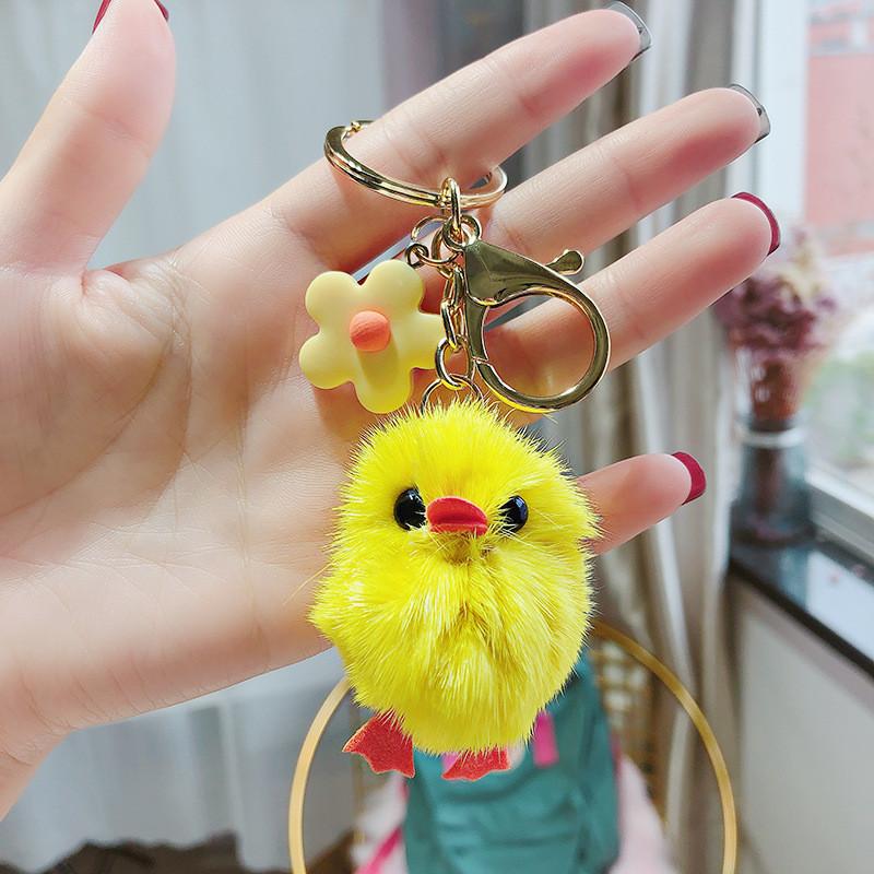 Adorable Plush Chick Keychain Accessory With Real Mink Fur Cute Cartoon Style