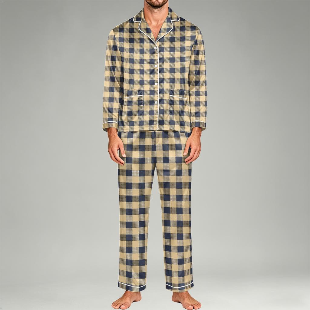 Men's Pajama Set Long Sleeve Button-Down Top and Pants Set for Home Sleepwear
