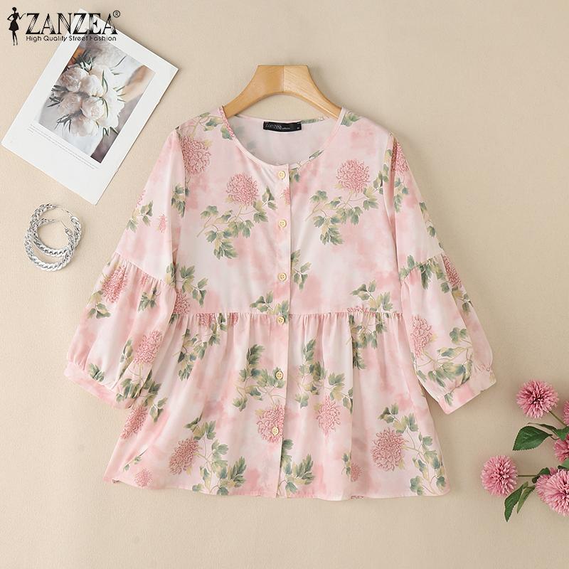 

ZANZEA Women Summer Round Neck 3/4 Sleeve Loose Floral Print Blouse M