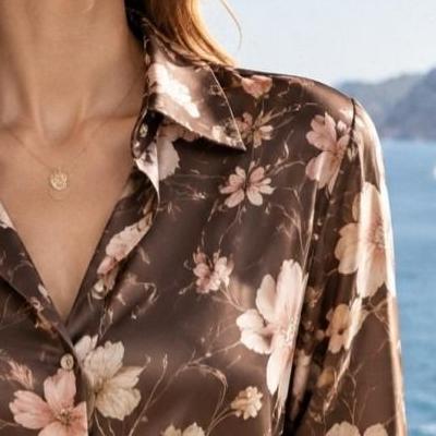 Floral Print Long Sleeved Lapel Shirt Brown Modern Elegance Casual Fashion Women's Clothing Versatile Style Shirt