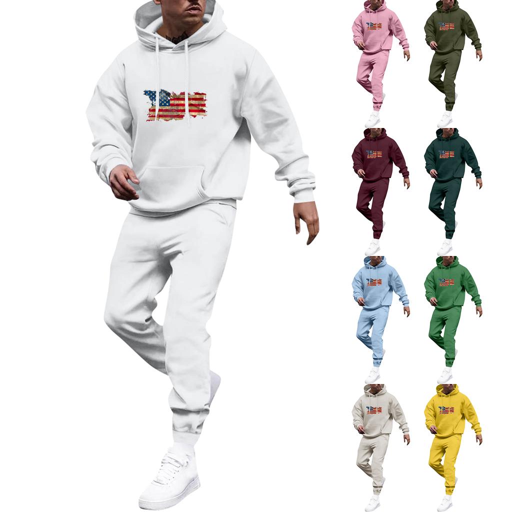Men's Solid Color Flag Print Hooded Universal Versatile Hooded Sweatshirt Sweatpants Casual Sports Suit