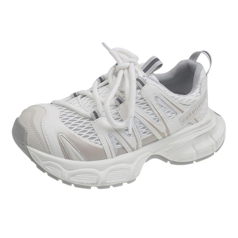 5CM height increase~ leather platform dad shoes women's summer thin mesh breathable little white shoes hiking hiking sports shoes