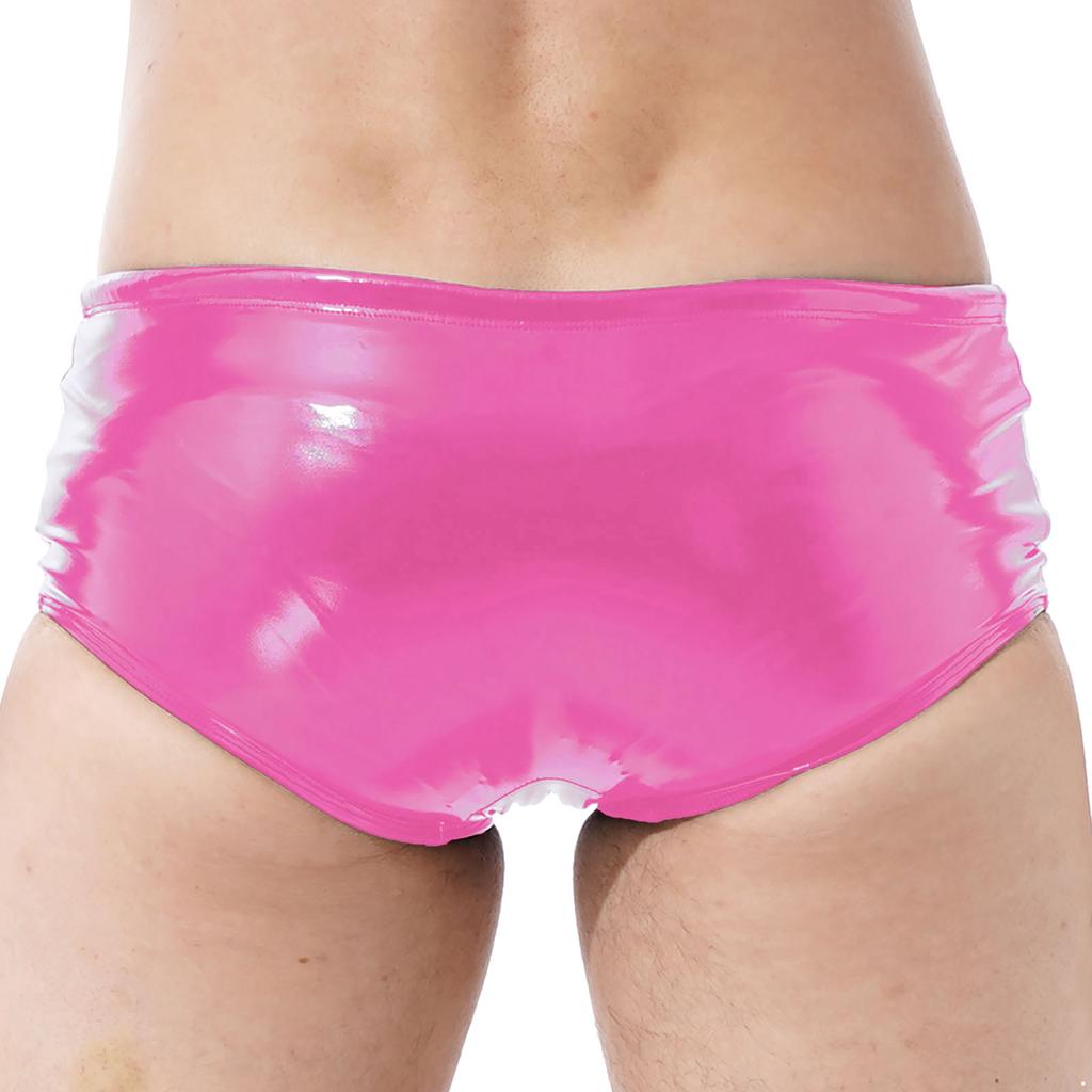Mens Patent Leather Swim Trunks Wet Look Design Low Rise Boxer Shorts Drawstring Waist Party Clubwear
