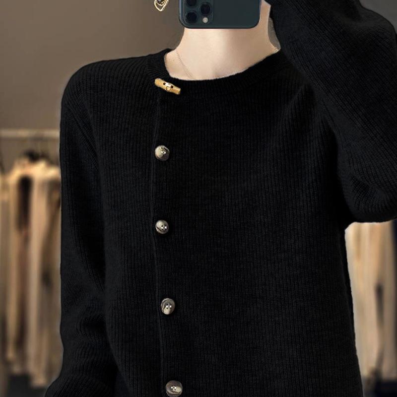 Autumn-Winter 2025 Wool Cardigan: Short, Thick, Oblique Lapel Jacket, Soft Cashmere Knit Sweater.