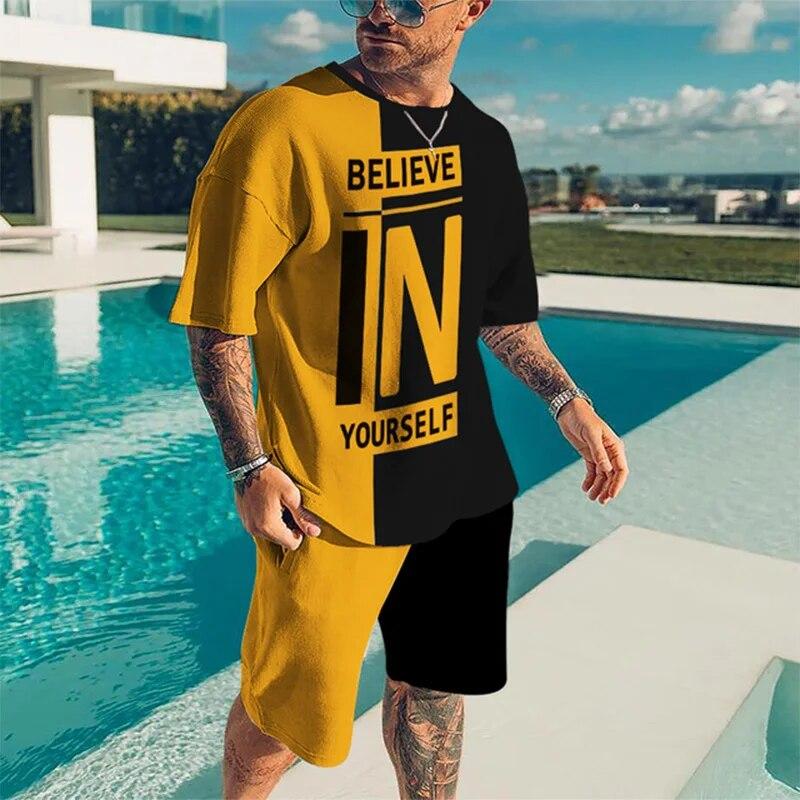 Trening pentru bărbați de vară Believe in Yourself Tricou Set de pantaloni scurți Ținută sport Costum de jogging Haine supradimensionate Îmbrăcăminte de stradă în aer liber