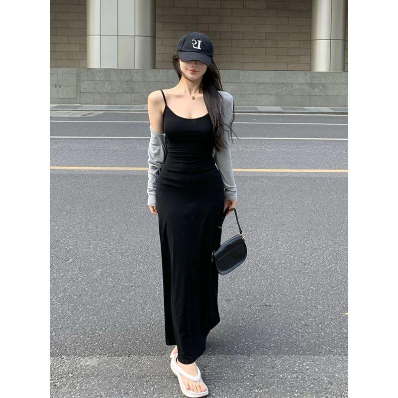 European and American Sexy Tight-Fit Slim-Fit Figure Flattering Summer Hip-Hugger and Black Pure Color Dress Women's Base Strap Long Skirt