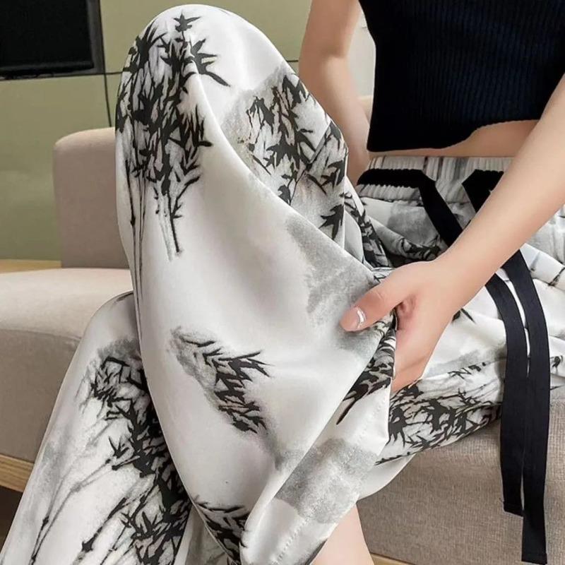 

Wide-leg Pants for Women in Spring and Summer Thin New Chinese Style Chinese Style Ink Printing Ice Silk Casual Pants L бежевый