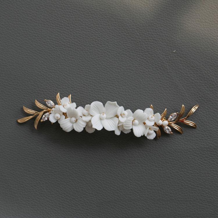 Ceramic Flower Hairpin Gorgeous Zircon Spring Side Clip Romantic Copper Leaf Wedding Hair Accessories Pearl Prom Jewelry