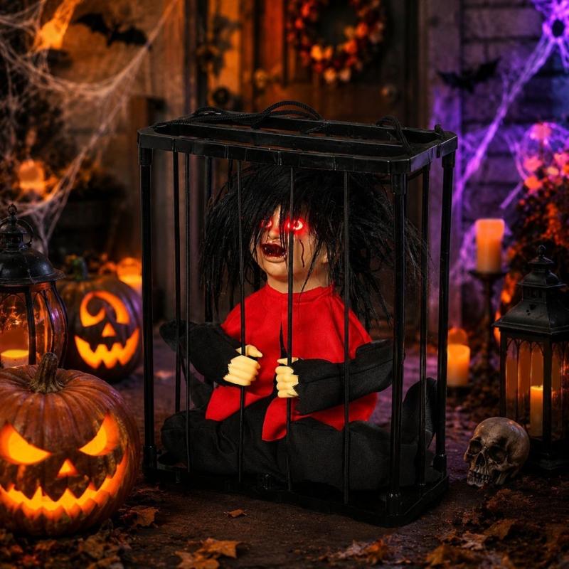 Black Suspended Halloween Figure In Cage, Light Detail Hanging Piece for Home Entry, Window Display, Porch, Party Styling, and Indoor Use