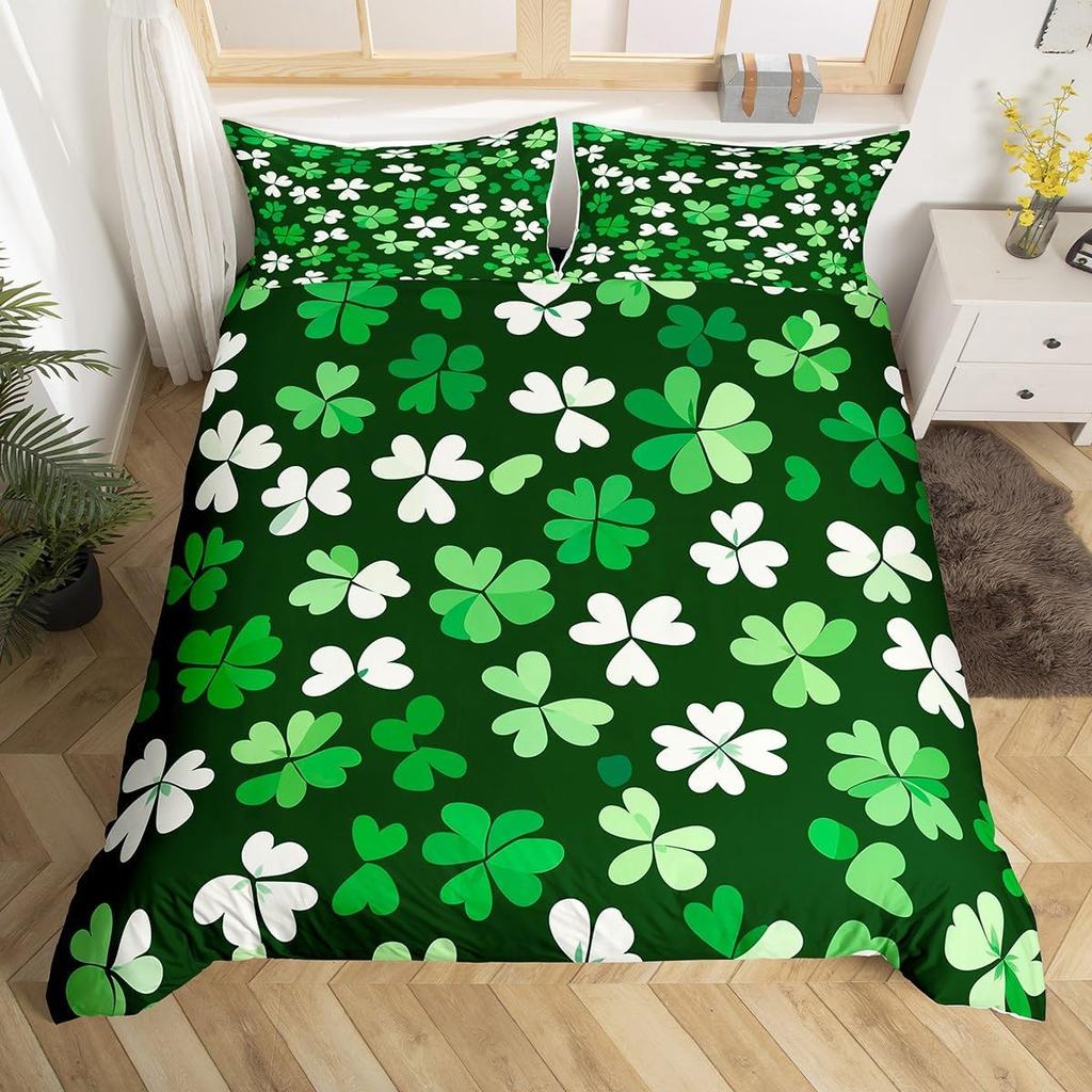 St. Patrick'S Day Duvet Cover Full Queen Spring Gnomes Comforter Cover 2/3 Pcs Green Botanical Leaves Flower Clover Bedding Set