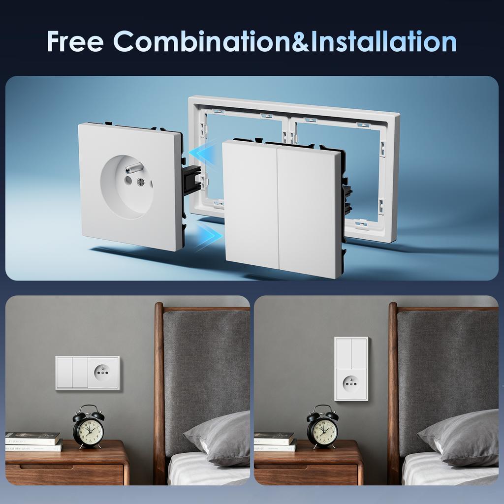 BSEED 1/2Gang Mechanical Button Light Switch 1/2Way Wall Switches Plus French Sockets Power Outlets Plastic Panels White Series