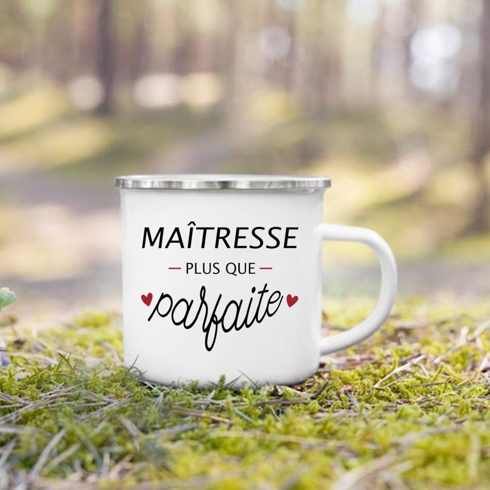 Merci Maitresse French Print Enamel Mug Drinks Dessert Milk Cup Creative Coffee Cups Vintage Handle Drinkware Gift for Teacher