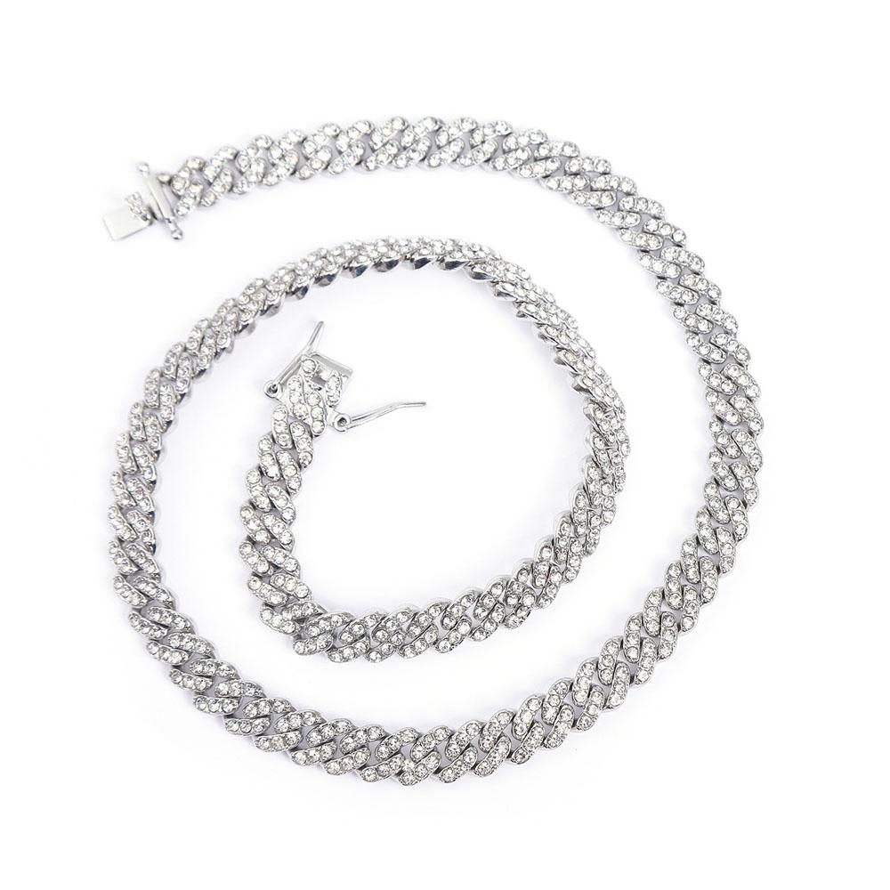 Hip Hop Men Women 9MM Prong Cuban Link Chain Necklace Bling Iced Out 2 Row Rhinestone Paved Miami Rhombus Cuban Necklace Jewelry