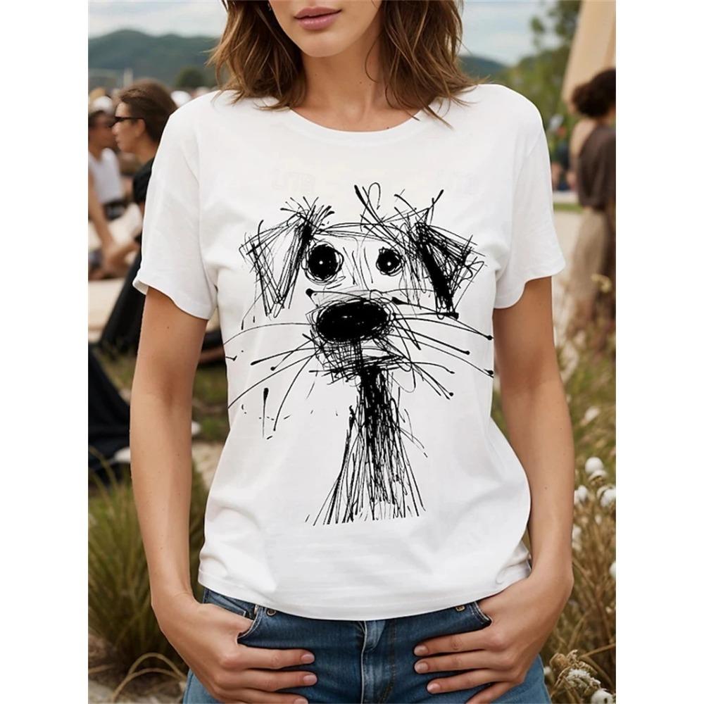 Summer New 3d Dog Print T-shirt Cute Animal Pattern Round Neck Short-sleeved Fashionable and Interesting Ladies Top