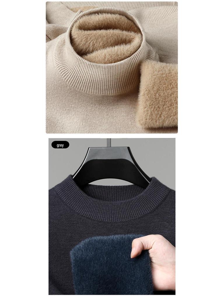 Men's 2024 Fleece-Lined Semi-High Neck Sweater - Warm, Thick Knit Winter Base Shirt