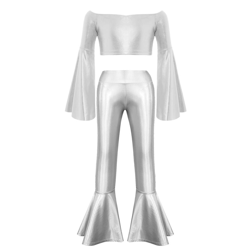 Top Corto Metallico da Ragazza Manica Lunga a Svasatura Scollatura a Barca Pantaloni a Zampa Lucidi Set per Esibizione sul Palco