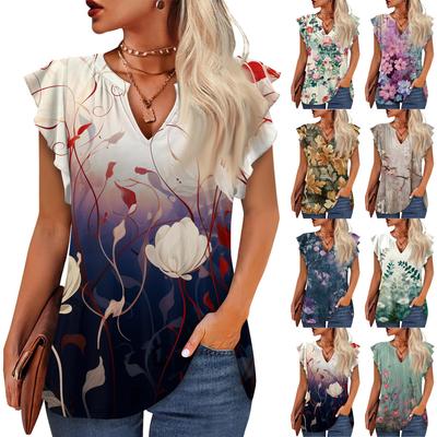 Women's Summer Casual Short Sleeve T-Shirt Print V Neck Pullover Top