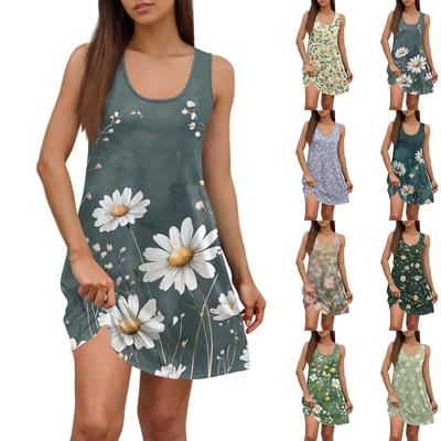 Abito estivo casual da donna con scollo quadrato, stampa floreale, senza maniche, con tasche