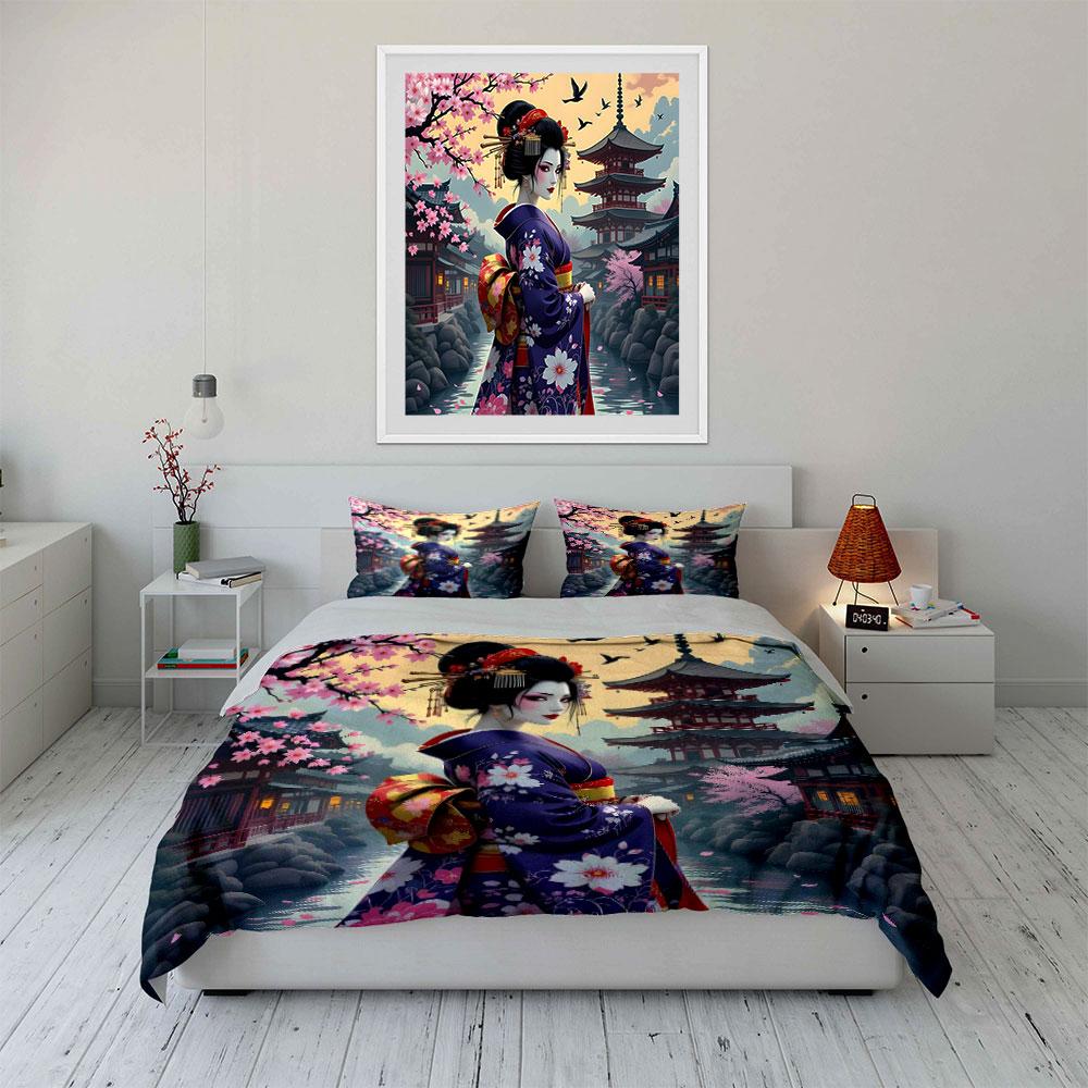 Geisha in Floral Kimono Scene Bedding Duvet Cover Set  (1*Duvet Cover 2*Pillowcases, without duvet insert)