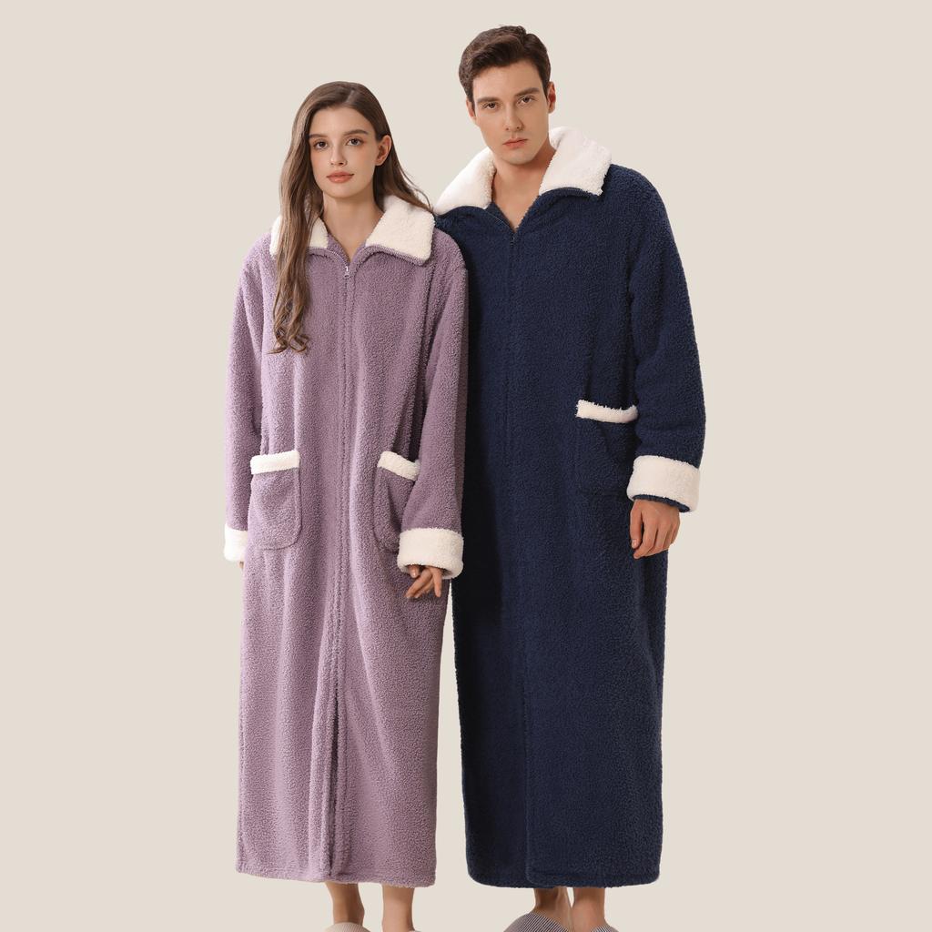 Men's Plush Bathrobe Zipper Up Long Housecoat Winter Warm SPA Fleece Duster Robe with Pocket Flannel Full Length Loose Fit Nightgown Sleepwear for Men