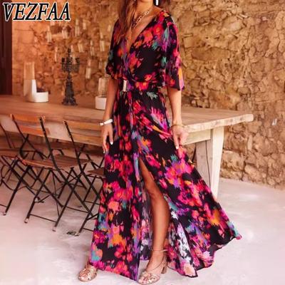 Women's Fashion Summer Spring Colour Block Print Short Sleeve V-Neck High Waist Casual Dresses