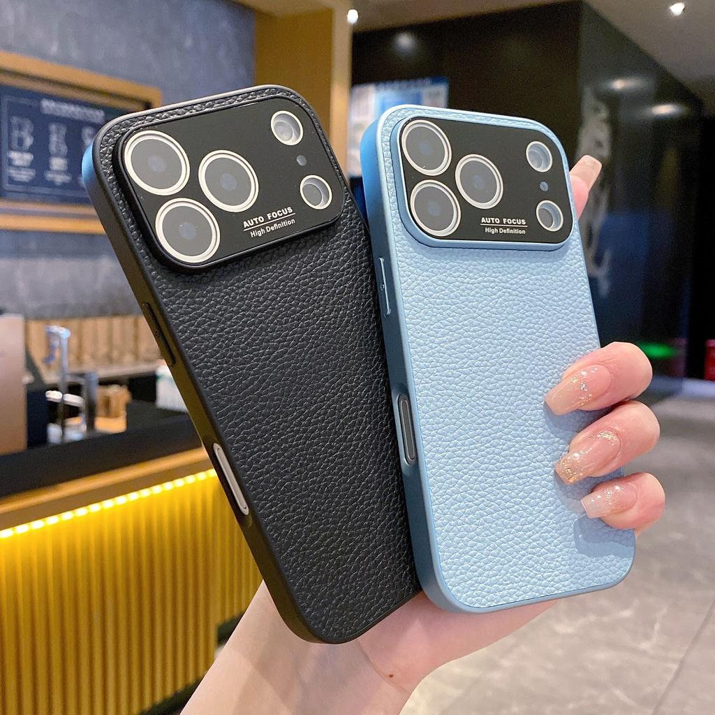 Applicable to iPhone17 mobile phone case plain leather lychee pattern Apple 16pro creative second change 15 advanced sense protective case