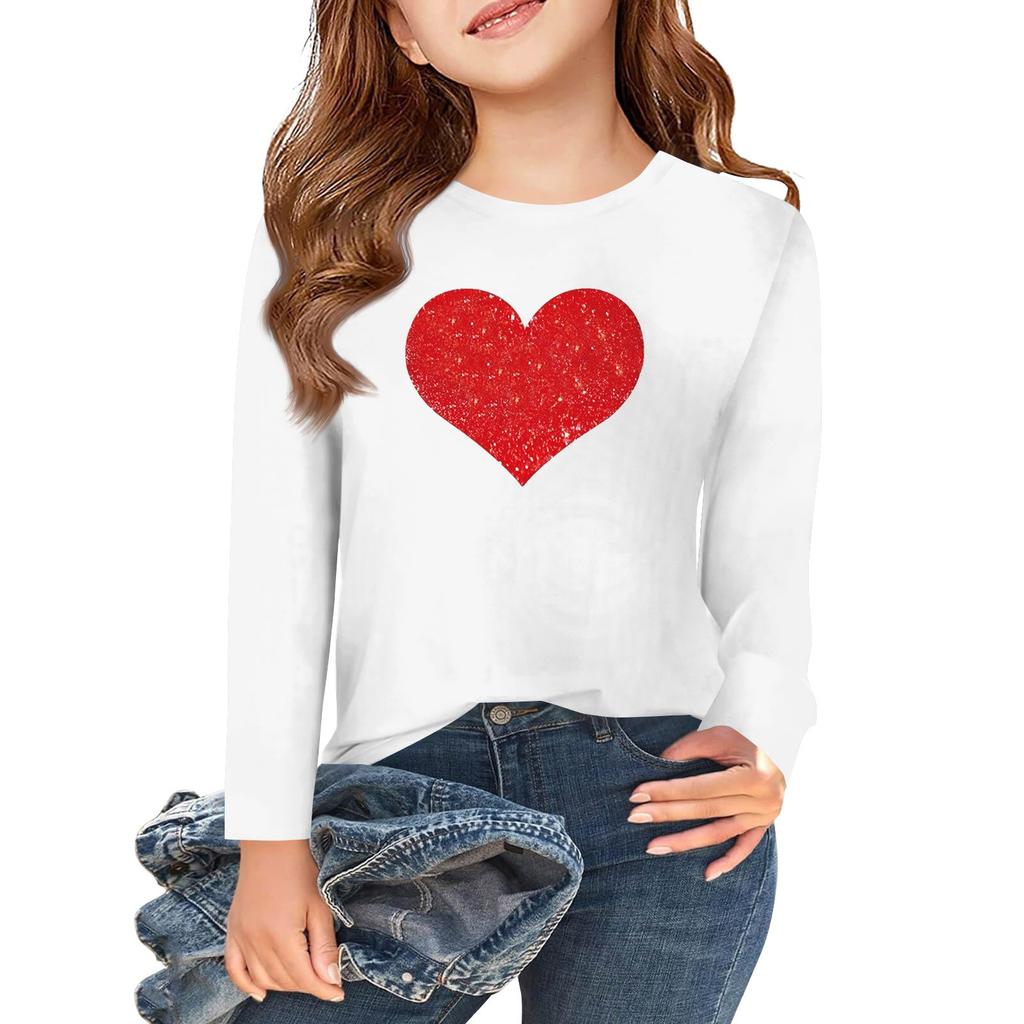 Långärmade T-shirts för flickor med kärlek och alla hjärtans dag-motiv, hösttoppar, rund hals, enkla T-shirts för barn, 5-14 år
