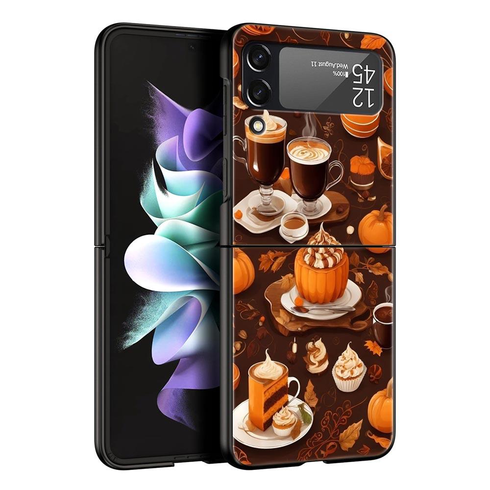 Pumpkin Autumn Leaves Coffee Hard PC Phone Case For Samsung Galaxy Z Flip 7 6 5 4 Black Cover For Galaxy Z Flip 3 Foldable Shell