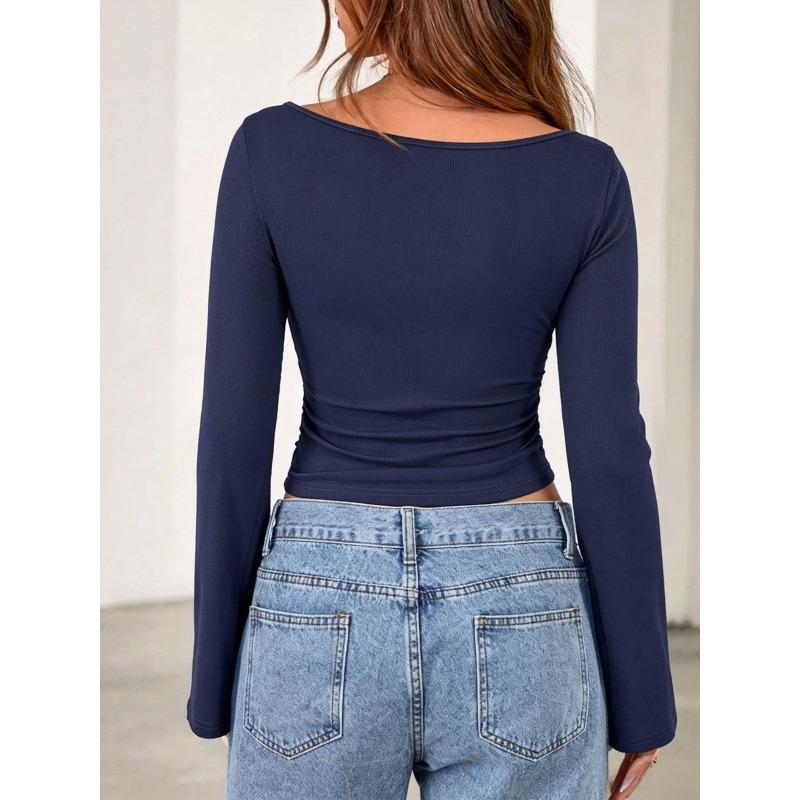 TIFICY Women's Fashion Casual Spring Autumn Solid Color Print Long Sleeve O-Neck Blouses & Shirts