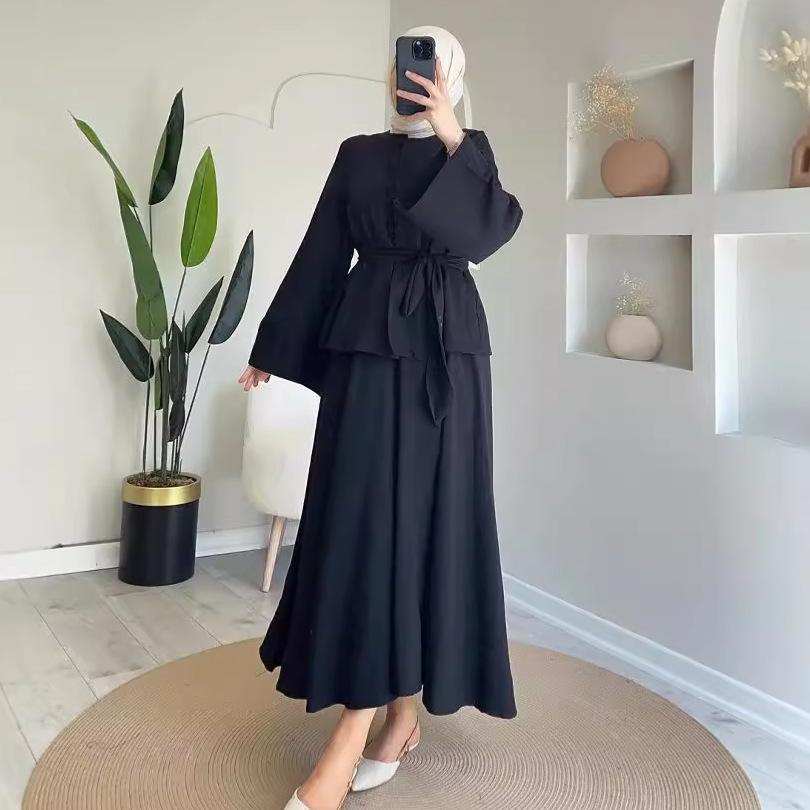 2024 Autumn Women's Solid Color Lace-up Slim-fit Top and Casual Midi Skirt Set