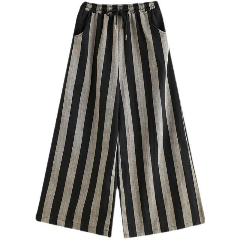 Retro Literary Casual Cotton and Linen Striped Wide-leg Pants for Women in Spring and Autumn New Casual Bottoming Trousers