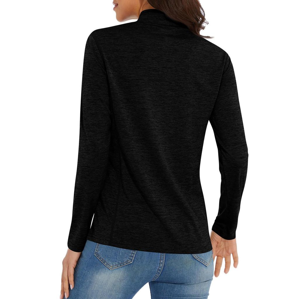 Women's Casual Fashion Solid Color Long Sleeve Zipper Neck Top T-shirt