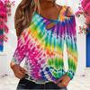 Women Plus Size Asymmetric Cutout Neck Cold Shoulder Long Sleeve Multicolor Printed Fitted Top