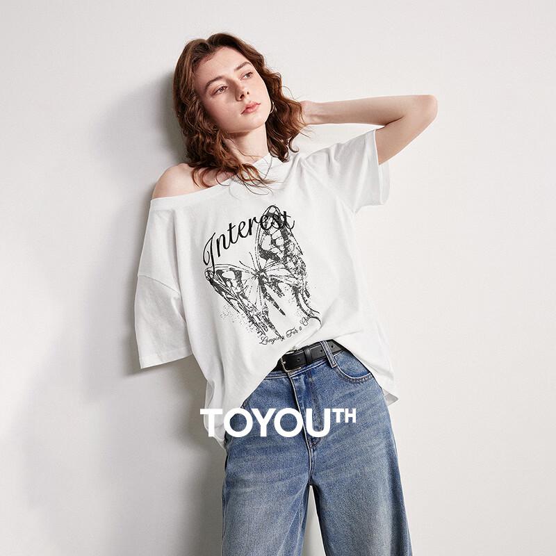 Chuyu 2026 Spring Butterfly Print Cold Shoulder T-Shirt L